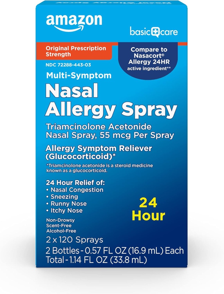   Basic Care Multi-Symptom Triamcinolone Acetonide Nasal Allergy Spray, 55 mcg, 0.57 fl oz (Pack of 2)