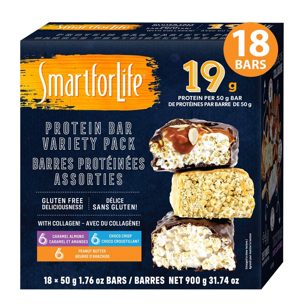 Smart for Life - Υψηλή πρωτεΐνη, χαμηλή ζάχαρη Bar Variety Pack, χωρίς γλουτένη Αμύγδαλο Caramel, σοκολάτα & φυστικοβούτυρο Σοκολάτα Crunchy Μπαρ αντικατάστασης γεύματος Λειτουργεί με το Cookie Diet Non-GMO 18ct