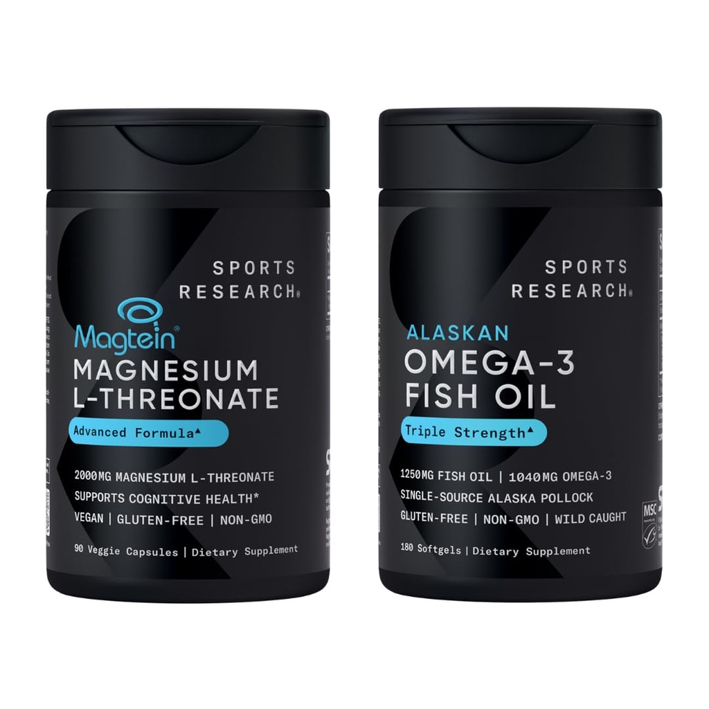 Sports Research® Cognitive Health Pack - Triple Strength Omega 3 Fish Oil - Burpless Fish Oil Supplement w/EPA & DHA Fatty Acids & Magtein Magnesium L-Threonate Supplement for Memory, Focus, Sleep