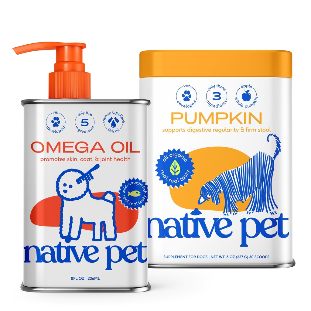 Native Pet Omega Oil for Dogs & Pumpkin for Dogs | Dog Fish Oil Supplements | All-Natural, Organic Fiber | 8 Oz. Omega Oil & Pumpkin Powder