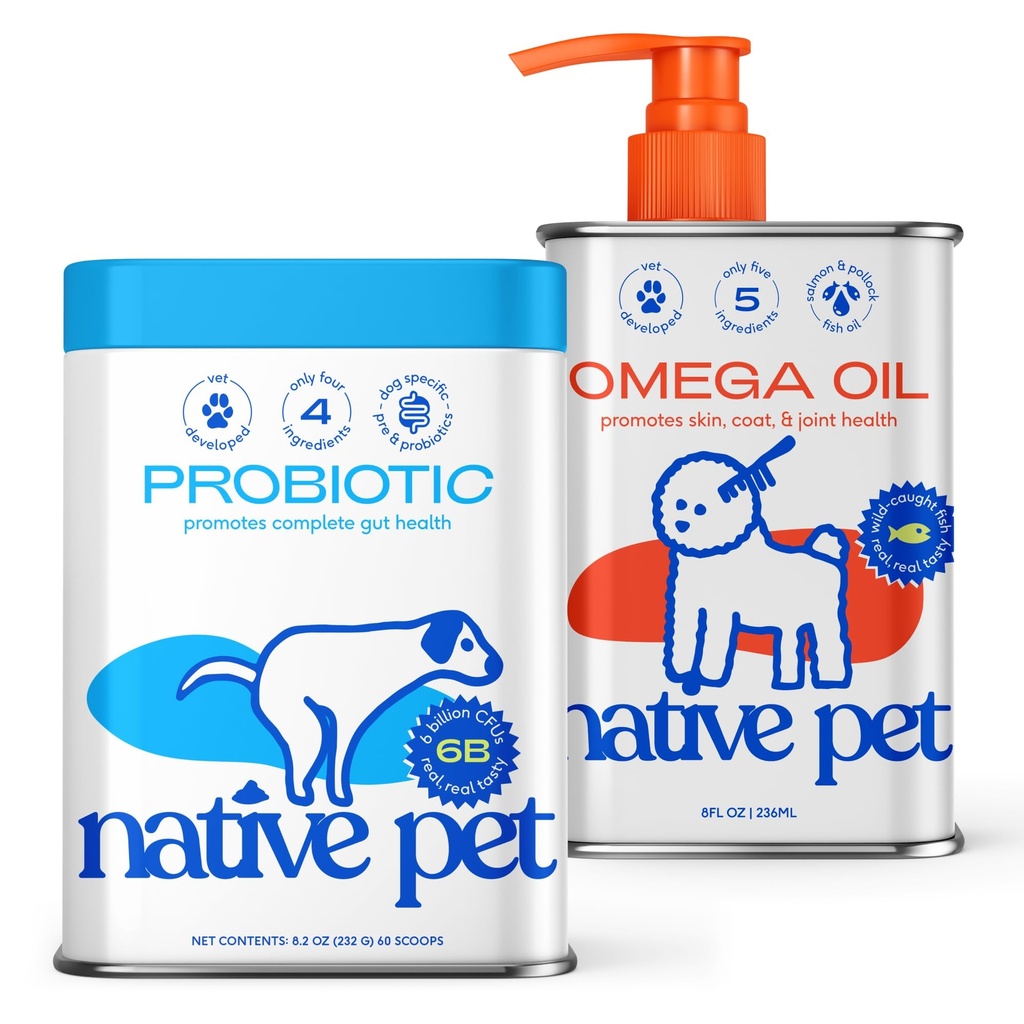 Native Pet Probiotic for Dogs 60 Scoops & Omega Oil for Dogs 8 Oz - Vet Created Probiotic Powder for Digestive Issues