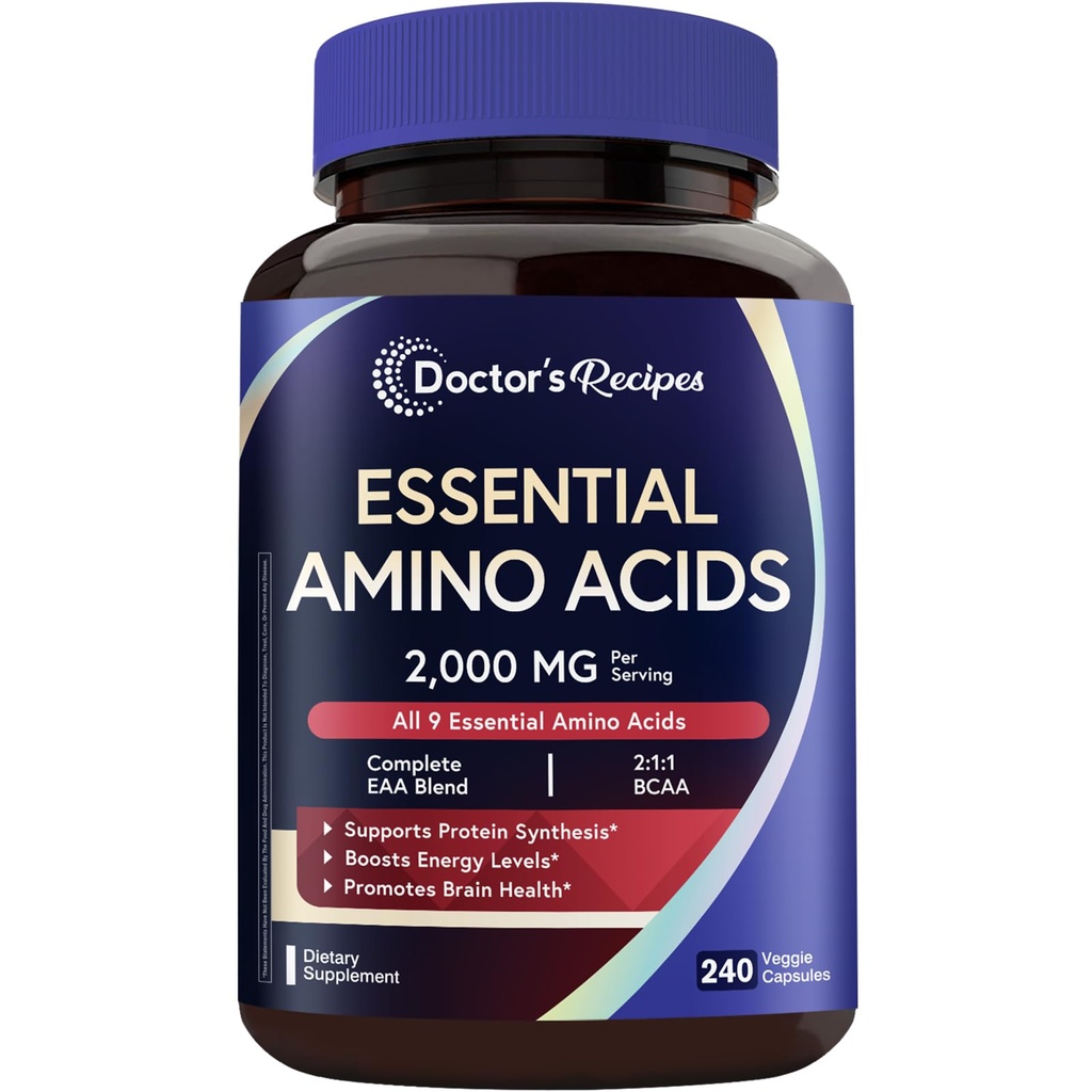Doctor's Recipes Essential Amino Acids Supplement, All 9 Essential Amino Acids (EAA), BCAA 2:1:1, 240 Veggie Capsules
