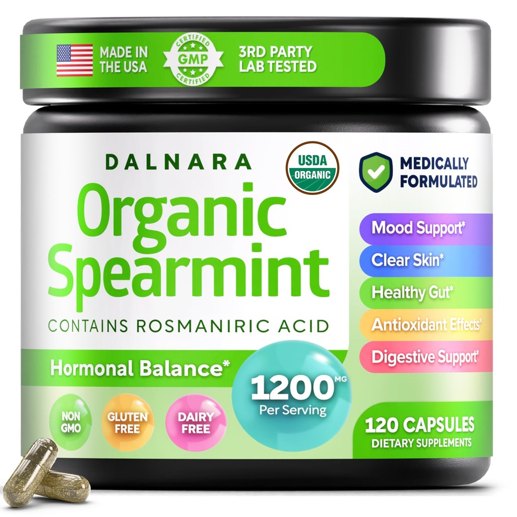 Dalnara Organic Spearmint Capsules 1200 mg - USDA Certified, Promoting PCOS Support for Hormonal Balance, Digestive Vitality, and Glowing Complexion, Vegan-Friendly PCOS Supplement- 60-Day Supply!