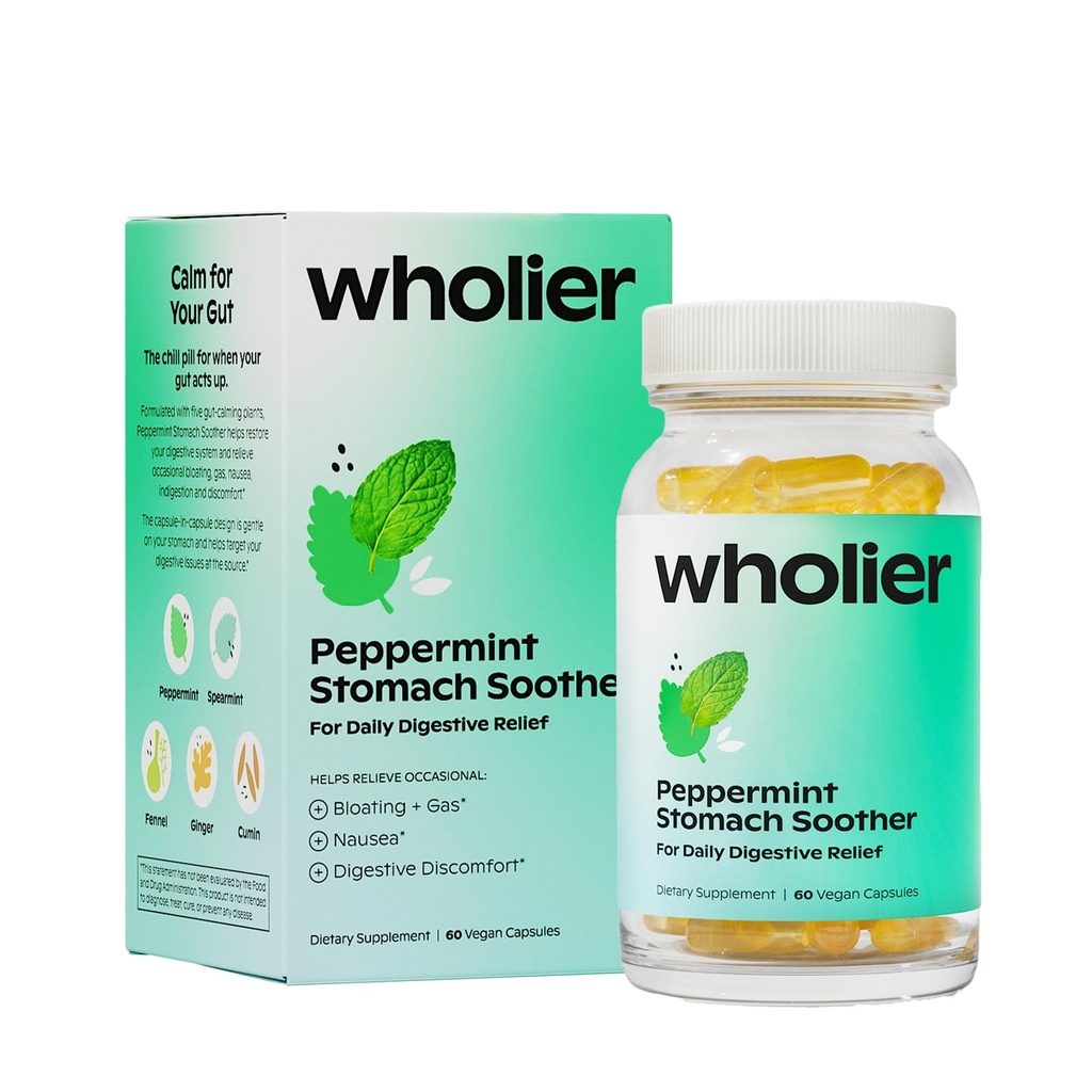 wholier Peppermint Stomach Soother with Peppermint Oil, Ginger, Fennel, Spearmint & Black Cumin Seed Oil, Bloating, Gas, Nausea & Digestive Support for Adults, Vegan, Gluten Free, 60 Dual Capsules