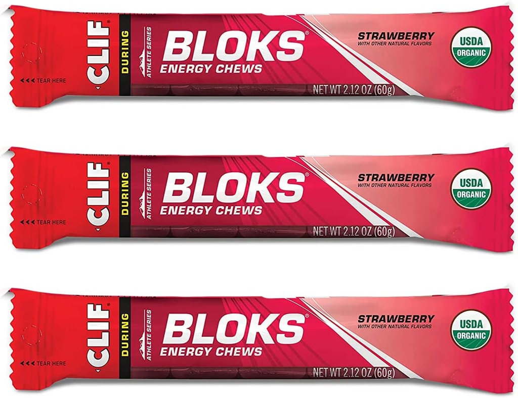CLIF BLOKS - Ενεργειακά Chews - Φράουλα- μη ΓΤΟ - Φυτικά τρόφιμα - Γρήγορα καύσιμα για την ποδηλασία και την εκτέλεση-εργασία Snack (2.1 πακέτο ουγγιάς, 3 κόμης)