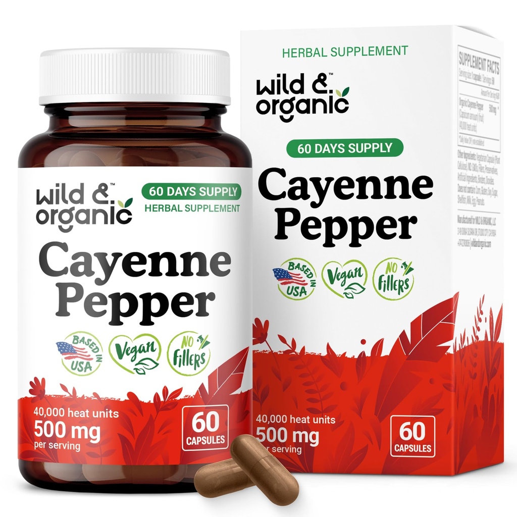 Wild & Organic Cayenne Pepper Capsules 500 mg - Digestive Support - Pure Cayenne Pepper Extract - Capsaicin Supplements - Vegan, No Fillers, Non-GMO - 60 Count