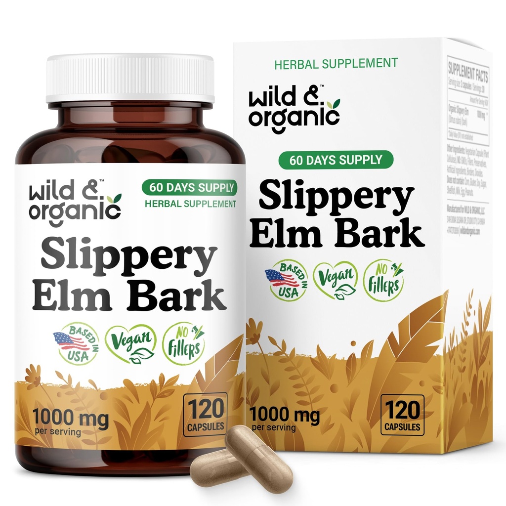 Wild & Organic Slippery Elm Bark Capsules 1000 mg - Digestive, Lung & Women's Support - Slippery Elm Supplement - Ulmus Rubra Powder - 60 Days of Supply - Vegan, No Fillers, Non-GMO - 120 Count