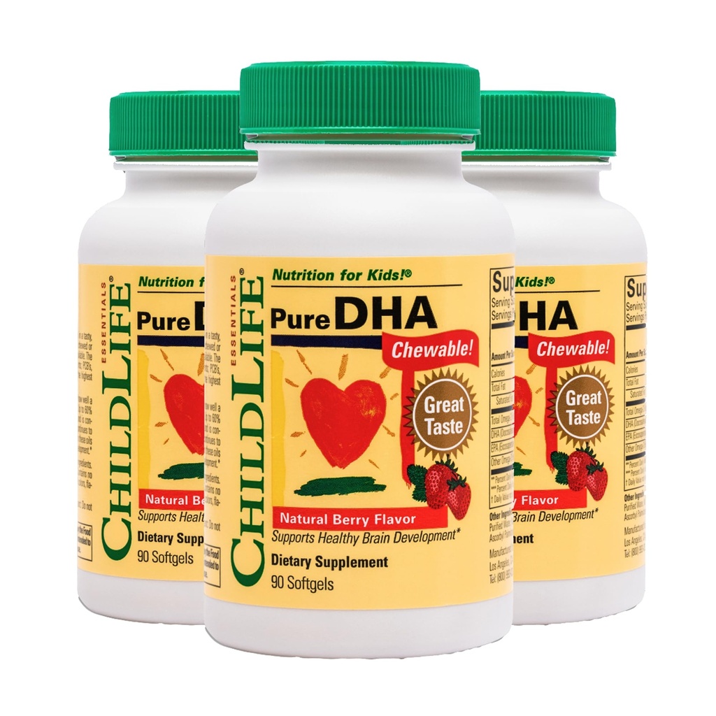 CHILDLIFE ESSENTIALS Pure DHA for Kids - Omega 3 Fish Oil Supplement for Children, Babies, & Toddlers, Pure DHA Softgel Chewables, Gluten Free, Natural Berry Flavor - 90 Softgels (Pack of 3)