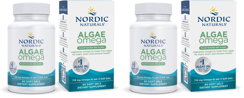 Nordic Naturals Algae Omega - 60 Soft Gels - 715 mg Omega-3 - Certified Vegan Algae Oil - Plant-Based EPA & DHA - Heart, Eye, Immune & Brain Health - Non-GMO - 30 Servings (Pack of 2)