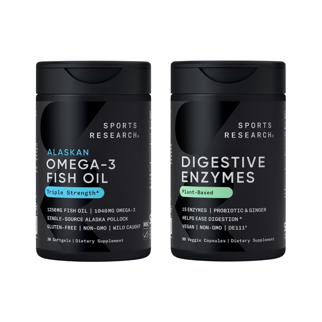 Sports Research Triple Strength Omega 3 EPA & DHA Fish Oil 1250mg Burpless Supplement (30 Softgels) and Digestive Enzymes with Probiotics & Ginger Plant Based Vegan Friendly (90 Veggie Capsules)