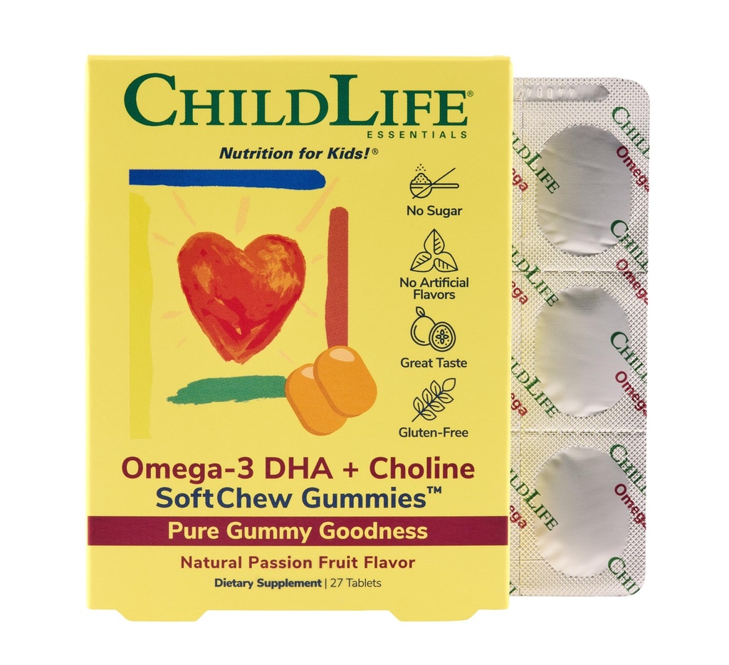 ChildLife Essentials Omega-3 DHA + Choline SoftChew Gummies Supplement for Kids - Omega 3 DHA Gummies with Choline, Fish Oil for Babies, Toddlers & Children - Natural Passion Fruit Flavor, 27 Tablets