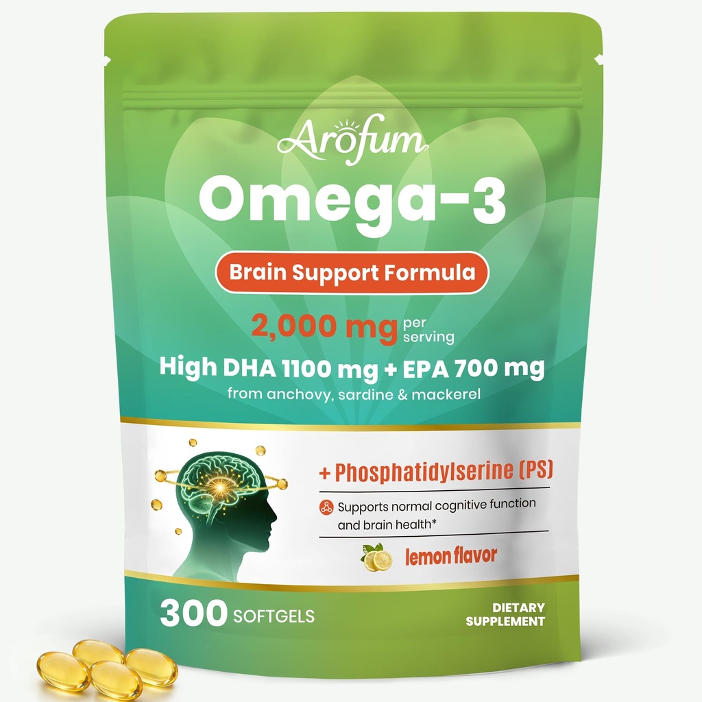 Omega 3 Fish Oil 2000mg Brain Supplement with Phosphatidylserine & 1100mg DHA – Memory, Focus & Cognitive Support for Professionals & Seniors – Lemon Flavor, 300 rTG Softgels