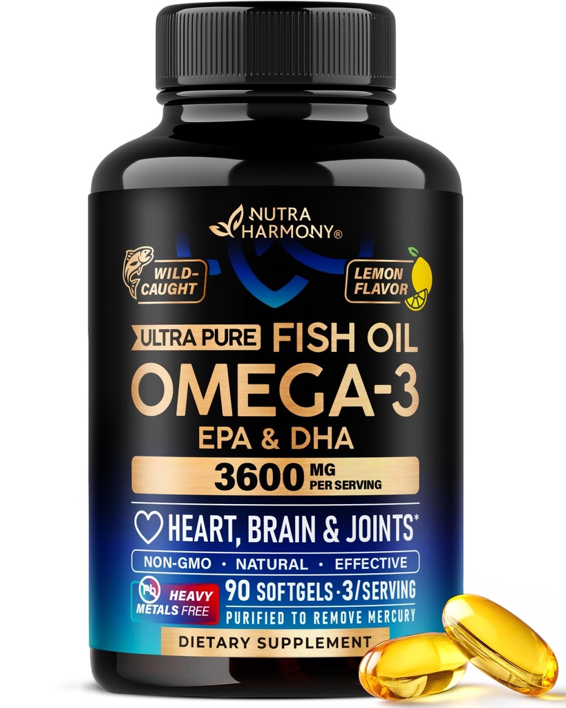 Omega 3 Fish Oil 3600 mg - Omega 3 Supplement | EPA & DHA - Heavy Metals Free - Heart, Brain & Joint Support - Purified Fish Oil for Men & Women - Lemon Flavored - Made in USA, 90 Softgels