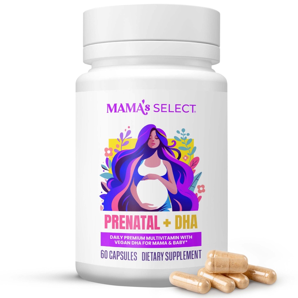 Mama's Select Prenatal Vitamins with Vegan DHA – Fish-Free, No Fish Burps, Allergen-Free, MTHFR Support, Methylated Folate & B Vitamins, Digestive-Friendly, No Biotin