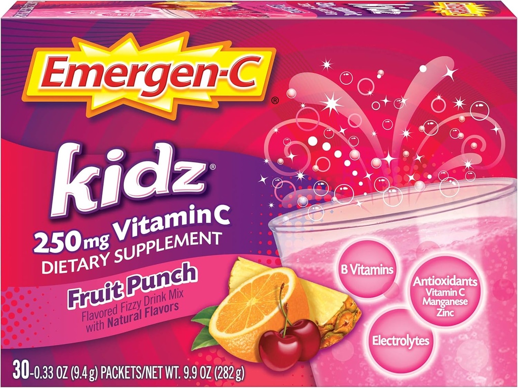 Emergen-C Kids 250mg Παιδική σκόνη βιταμίνης C, χωρίς καφεΐνη, ανοσοποιητική υποστήριξη μείγμα ποτών, Fruit Punch Flavor - 30 Count/1 Μήνας προσφοράς