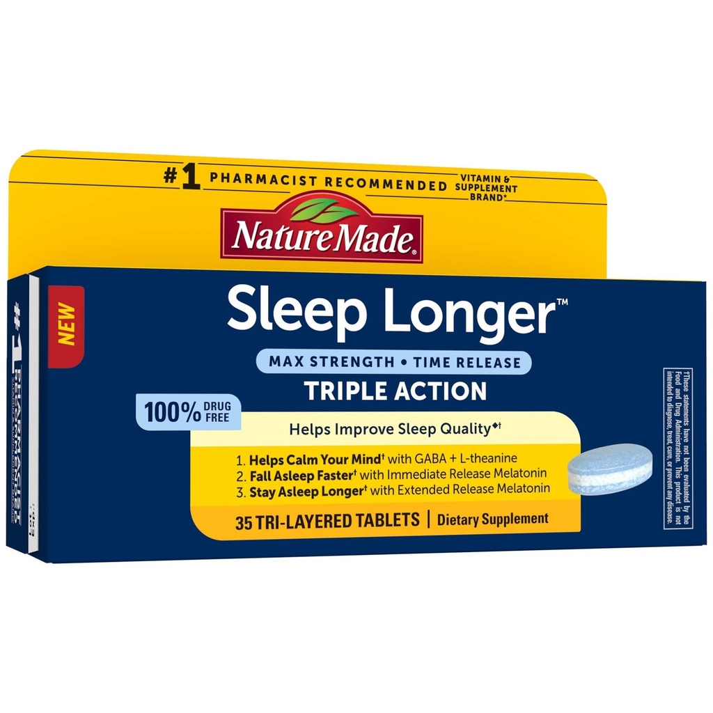 Nature Made Sleep Longer, Melatonin 10mg Time Release Tri-Layer Tablets, Βοηθά στη βελτίωση της ποιότητας του ύπνου, Πέφτουν στον ύπνο Πιο γρήγορα, Μείνετε στον ύπνο L-Theanine και GABA να βοηθήσει να ηρεμήσει το μυαλό σας, 35 δισκία