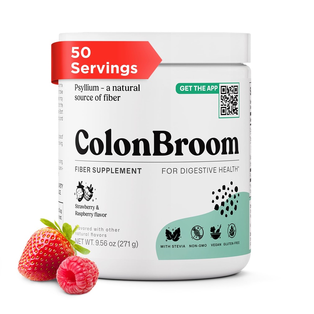 ColonBroom Psyllium Husk Powder (Strawberry & Raspberry, 50 Servings) - Colon Cleanse for Bloating Relief & Gut Health - Colon Broom Fiber Powder Drink - Vegan, Gluten Free Fiber Powder Supplement