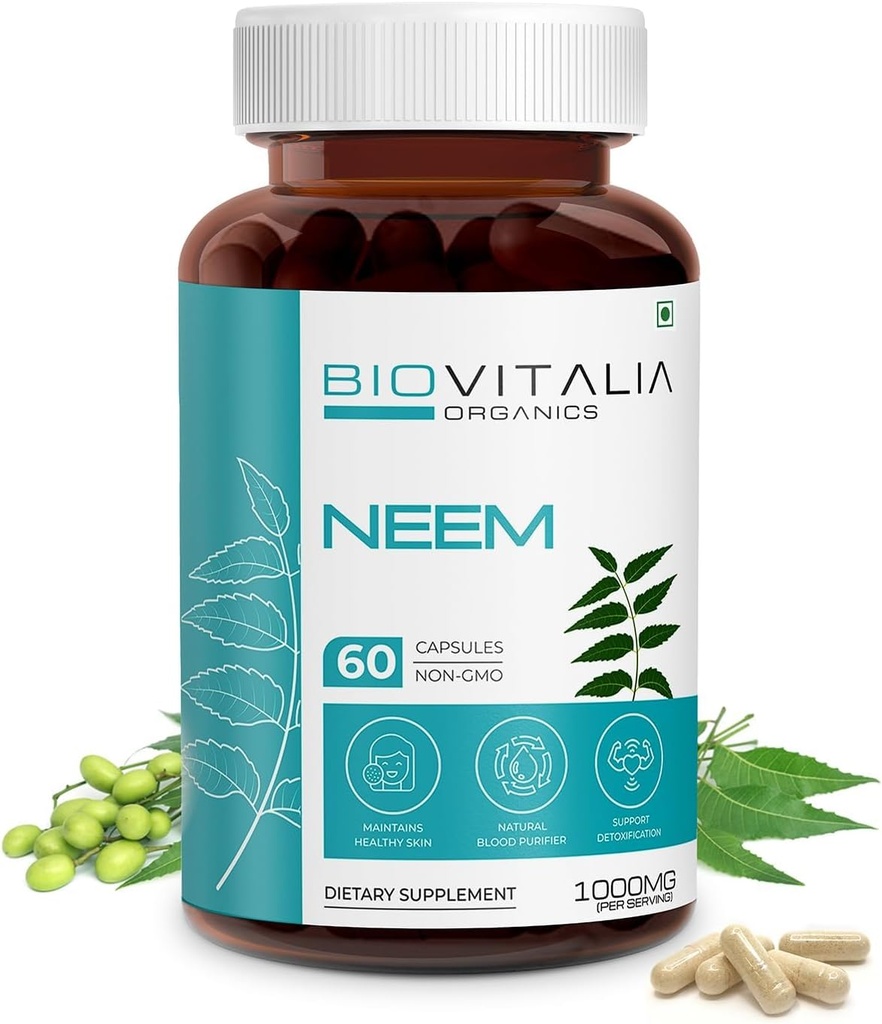 Biovitalia Plant Based Neem 1000mg Capsule for Men & Women | Dietary Supplement | Support Healthy & Promote Detoxification - 60 Vegan Capsules