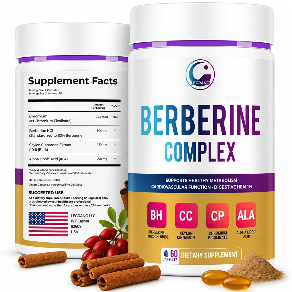 LEGRANO Berberine Supplement 500mg with Ceylon Cinnamon, ALA & Chromium – Berberine Complex for Glucose Metabolism & Heart Support – 60 Vegan Capsules