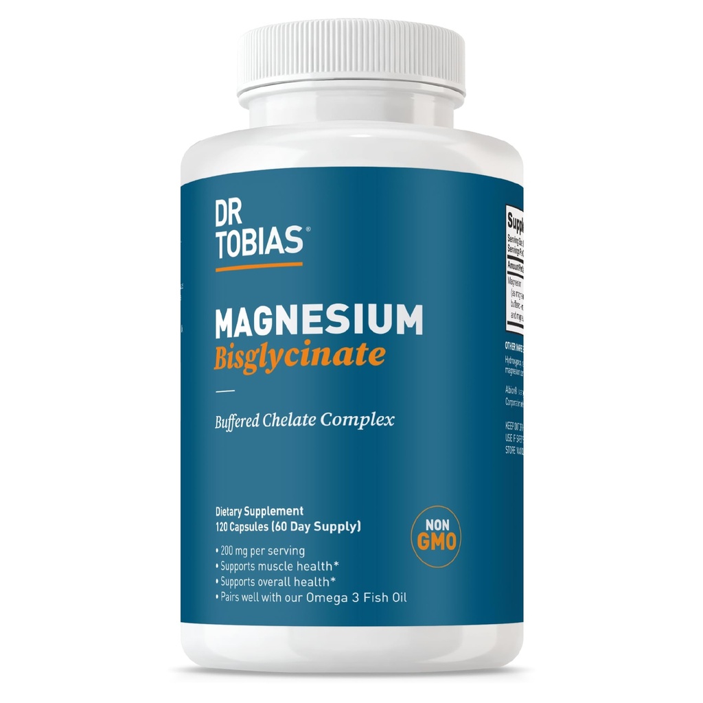 Dr. Tobias Magnesium Bisglycinate, Υψηλή Απορρόφηση Μαγνήσιο Σύμπλεγμα Χηλικών Χημικών Προϊόντων, 200 mg ανά καψάκιο, Υποστηρίζει την ενέργεια, τους μυς, τα οστά και την κοινή υγεία, συμπλήρωμα μαγνησίου μη ΓΤΟ, 120 κάψουλες