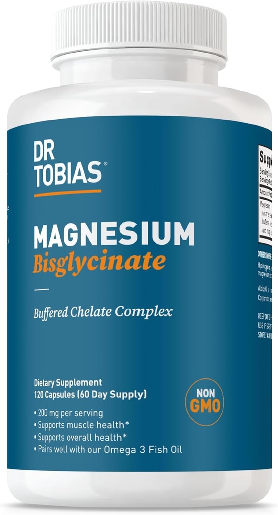 Dr. Tobias Magnesium Bisglycinate, Υψηλή Απορρόφηση Μαγνήσιο Σύμπλεγμα Χηλικών Χημικών Προϊόντων, 200 mg ανά καψάκιο, Υποστηρίζει την ενέργεια, τους μυς, τα οστά και την κοινή υγεία, συμπλήρωμα μαγνησίου μη ΓΤΟ, 120 κάψουλες