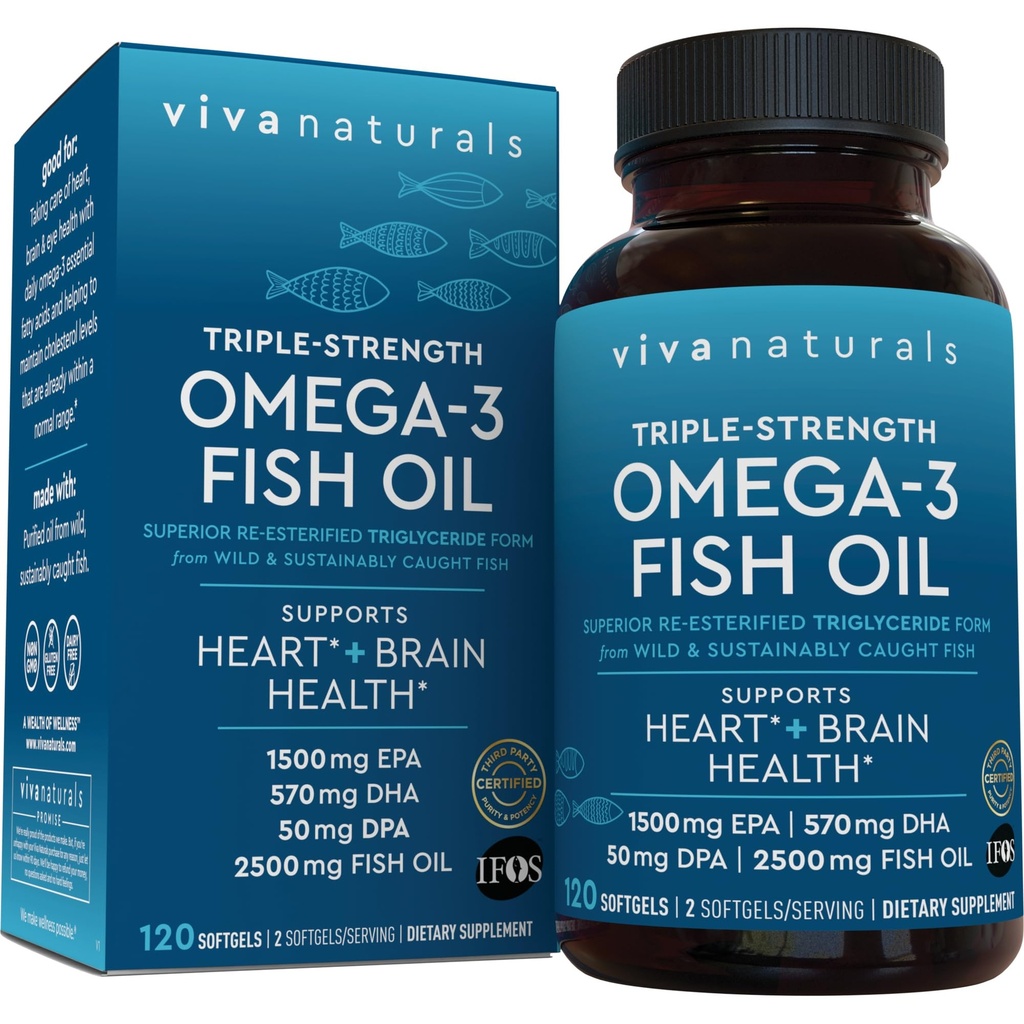 Viva Naturals Omega 3 Fish Oil Supplement for Women and Men - 2500 mg Triple Strength Fish Oil per Serving with Omega 3 Fatty Acids Including EPA, DHA DPA - 120 Pescatarian-Friendly Softgels
