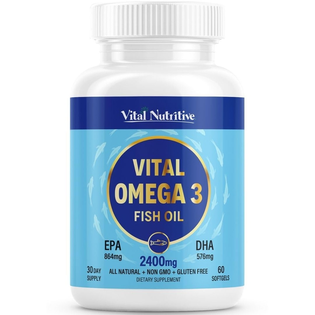 Vital Omega 3 Fish Oil Supplements 2400mg | 864mg EPA & 576mg DHA | 1440mg Total Omega-3 Fatty Acids | Promotes Brain & Heart Health | Non-GMO, Gluten-Free| Lemon | 30 Day Servings