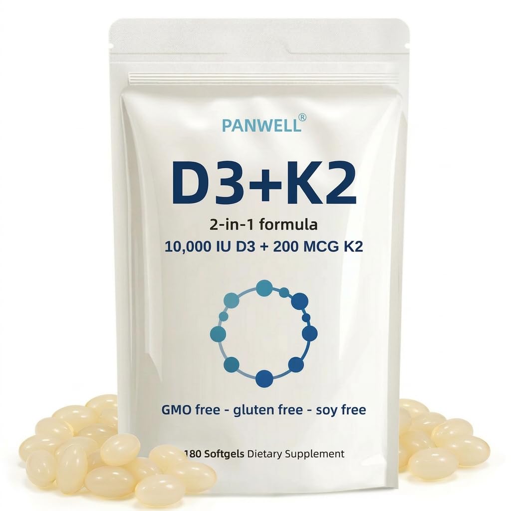 PANWELL Vitamin D3 K2 10000 IU Softgels, MK-7 200 mcg, High Potency D3 K2 Supplement with Coconut Oil for Calcium Absorption, Bone, Teeth and Immune Support, Non-GMO Gluten Free, 180 Count