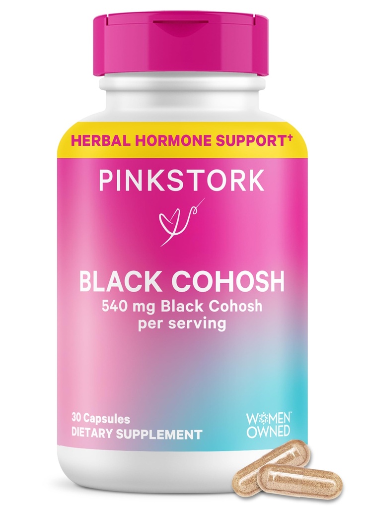 Pink Stork Black Cohosh Συμπληρώματα για γυναίκες - 540 mg Pure Black Cohosh για Περιεμμηνόπαυση, Εμμηνόπαυση Υποστήριξη - 30 κάψουλες