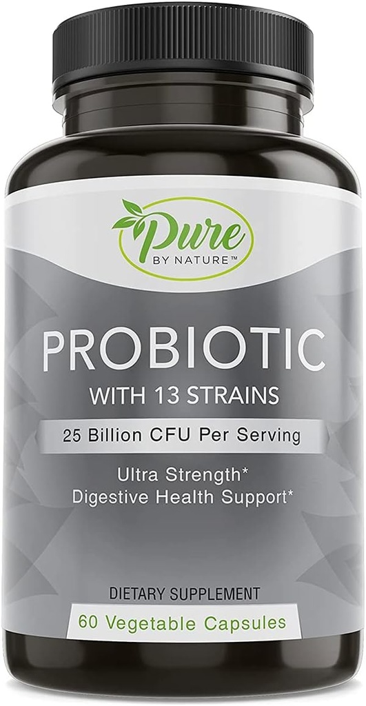 Pure By Nature Probiotics for Women & Men, 13 Strains with 25 Billion CFU, Probiotics for Digestive Health, Gut Health, Immune Support, Bloating & Constipation, Vegan & Ruffel-Stable, 60 Κάψουλες