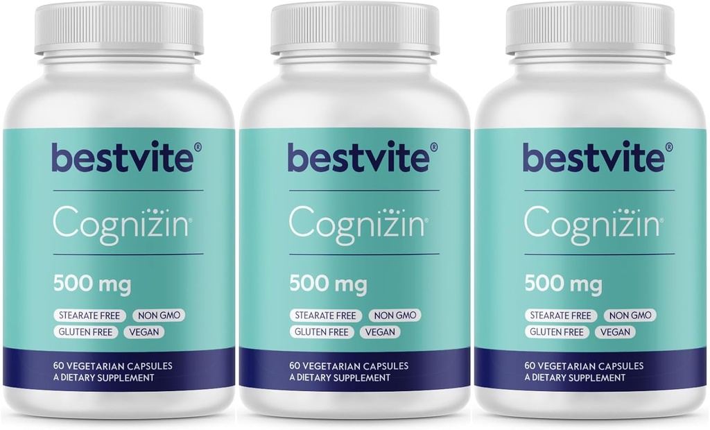 BESTVITE Cognizin Citicoline 500mg (180 κάψουλες χορτοφαγικής) (60x3) - Κλινικά Σπουδές Premium Nootropic Χολίνη - Όχι Stearates - Vegan - Χωρίς γλουτένη - Συμπληρώματα εγκεφάλου για τη μνήμη και την εστίαση