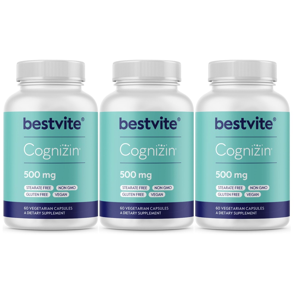 BESTVITE Cognizin Citicoline 500mg (180 Vegetarian Capsules) (60x3) - Clinically Studied Premium Choline Nootropic - No Stearates - Vegan - Gluten Free - Brain Supplements for Memory and Focus
