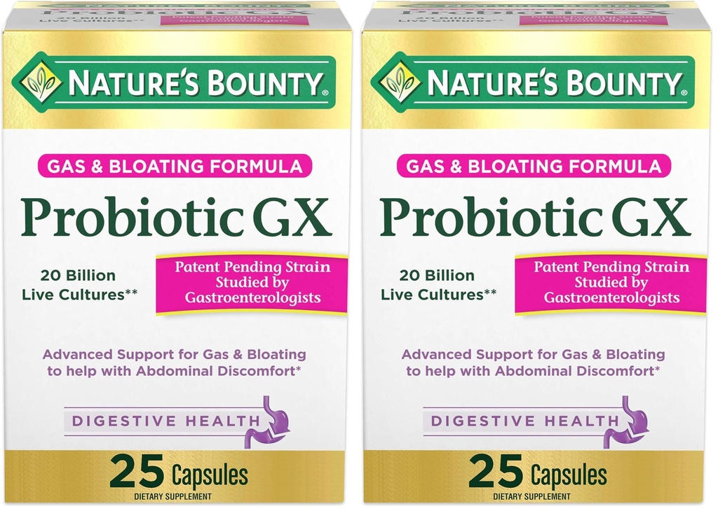 Nature's Bounty Probiotic GX, Helps with Occasional Gas and Bloating, Dietary Supplement, Digestive Health, 25 Capsules (Pack of 2)