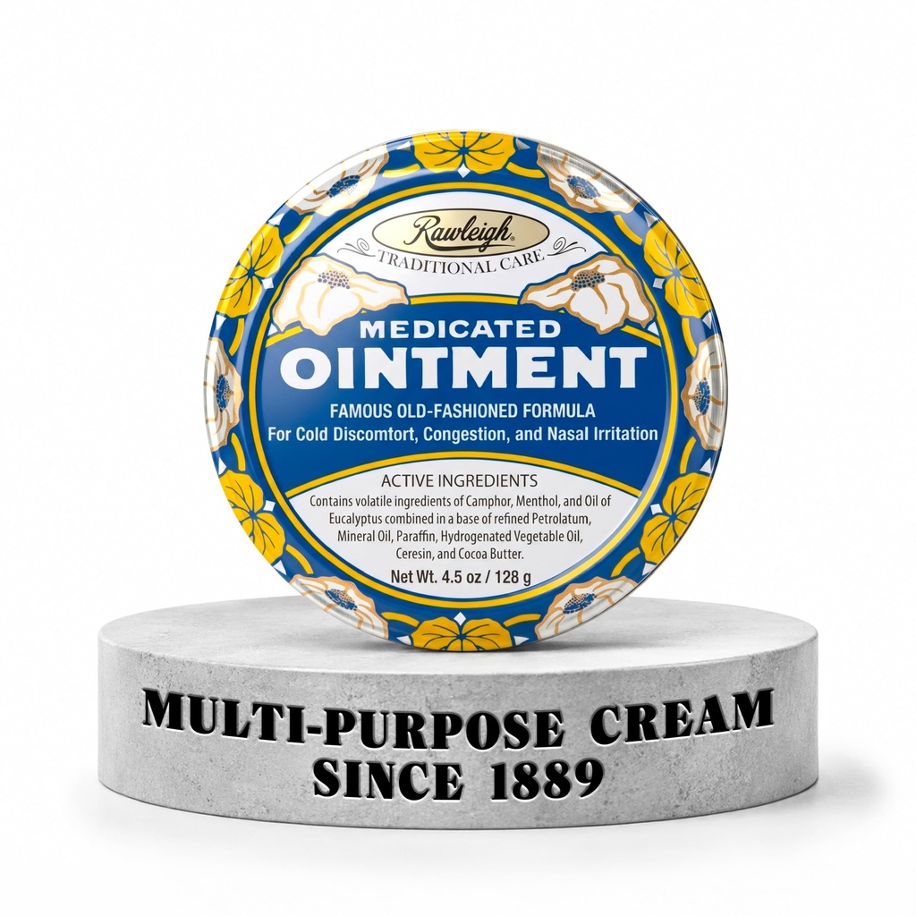 Rawleigh Medicalated Aintment: 4.5 oz Blue Tin, Ενήλικες & Παιδιά: Topical Chest Rub για το κρύο, Nasνική συμφόρηση, μικρούς πόνους και πόνους, με Camphor, Menthol & Ευκάλυπτος, Μη-Grasy Formula - Συσκευασία του 1