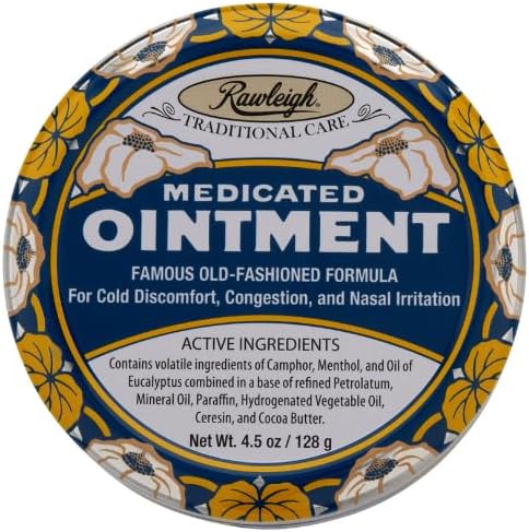 Rawleigh Medicalated Aintment: 4.5 oz Blue Tin, Ενήλικες & Παιδιά: Topical Chest Rub για το κρύο, Nasνική συμφόρηση, μικρούς πόνους και πόνους, με Camphor, Menthol & Ευκάλυπτος, Μη-Grasy Formula - Συσκευασία του 1