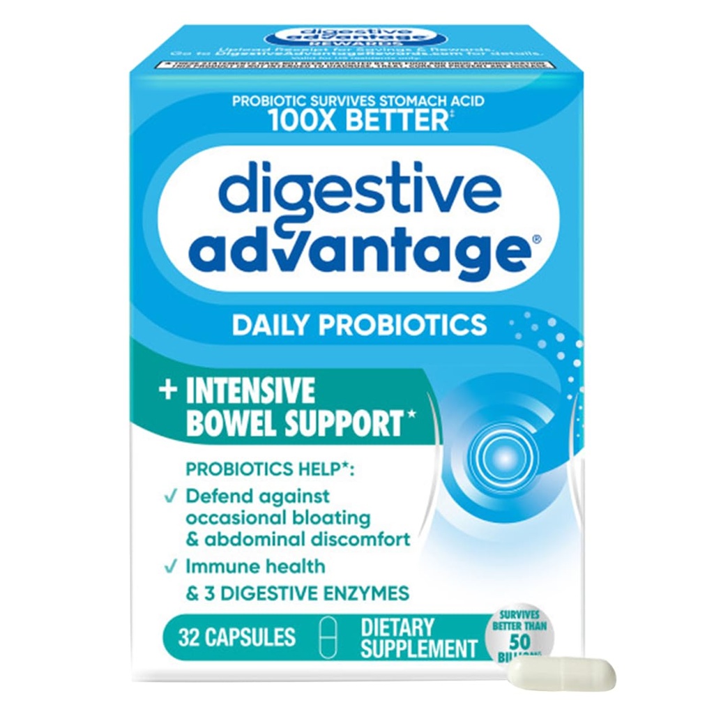 Digestive Advantage Intensive Bowel Support Probiotic Defends Against Gas & Bloating, 32 Count Capsules