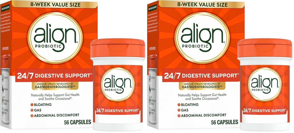 Align Probiotic, 24/7 Digestive Support*§,Probiotics for Women and Men,Probiotics for Digestive Health,Men and Womens Probiotic Capsules Help Relieve Occasional Bloating & Gas*,56 Capsules,(Pack of 2)