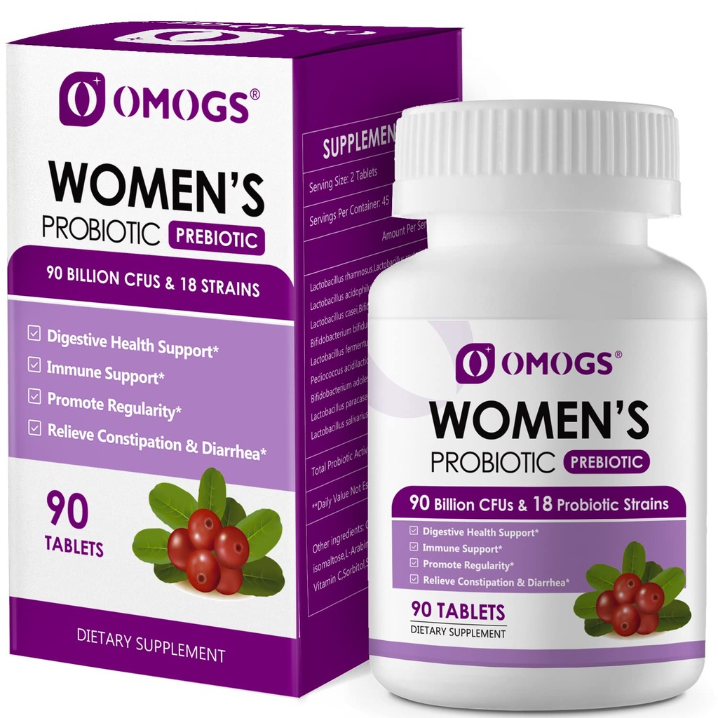 OMOGS Women's Probiotic, with Cranberry Extract, Organic Prebiotics & Vitamin C, 90 Billion CFUs,18 Strains, Help for Boost Immune, Digestive, Gut Health & Women's Health, Gluten & Soy Free,90 Tablets