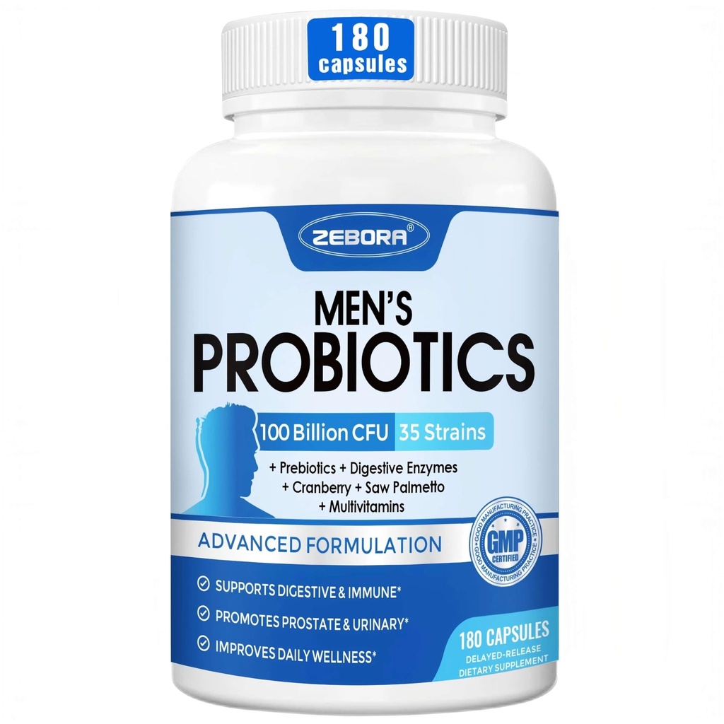 ZEBORA Probiotics for Men - 100 Billion CFU, Men's Probiotics for Gut Health, Prebiotics + Enzymes + Saw Palmetto + Cranberry, Daily Probiotic for Digestive Health, 180 Caps