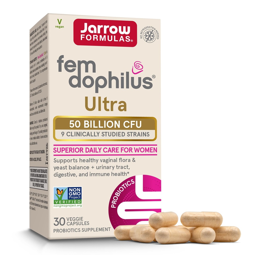 Jarrow Formulas Fem-Dophilus Vaginal & Digestive Probiotic 50 Billion CFU, 9 Clinically-Studied Strains, for Vaginal Flora & Yeast Balance, Urinary Tract, Digestive, & Immune Support, 30 Capsules