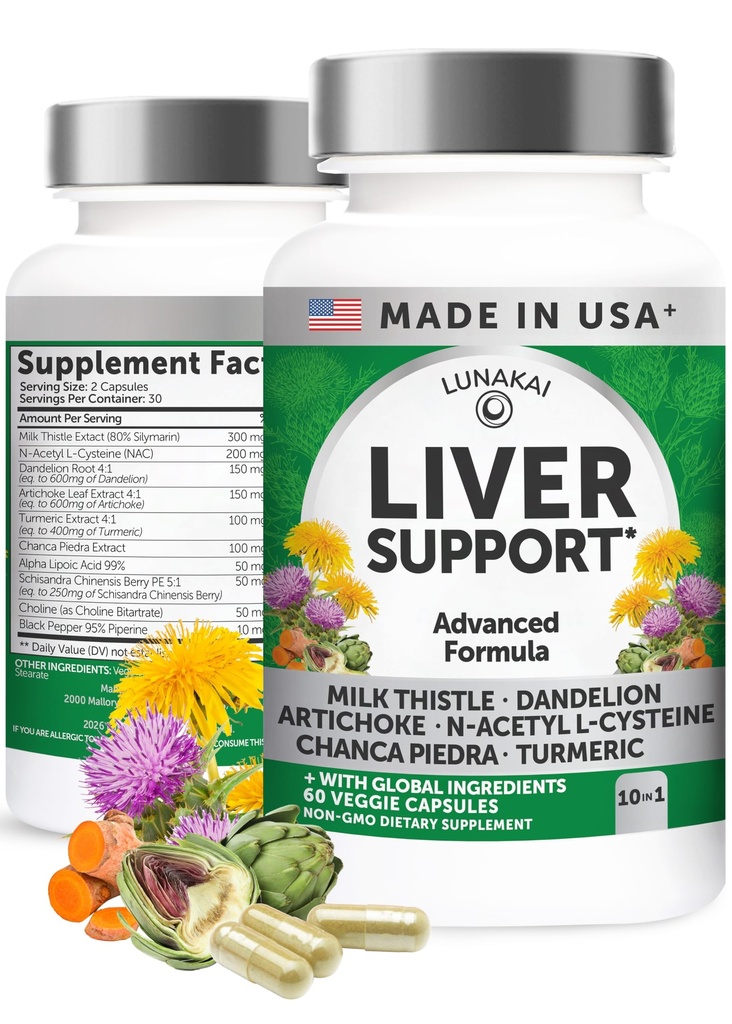 Lunakai USA Made Liver Cleanse Detox & Repair - 10-in-1 with Milk Thistle & NAC – Liver Support Supplement Capsules for Men & Women, Daily Health, Non-GMO, 60ct