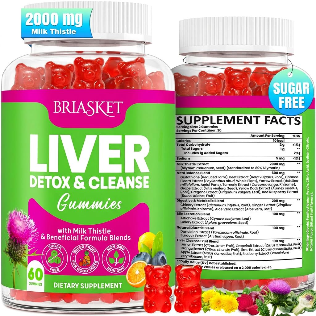 Liver Detox Cleanse & Repair, 2000 mg Milk Thistle Liver Detox, συμπλήρωμα στήριξης ήπατος με Glutathionone, Dandelion Root, Turmeric & Artichoke, 23-σε-1Herbal για την υγεία του ήπατος και των ούλων, Vegan, 60 Gummies