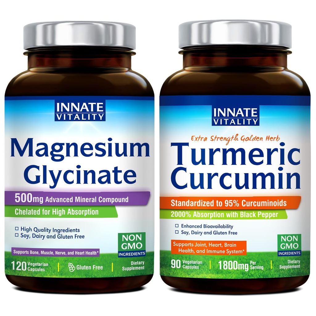 Innate Vitality Magnesium Glycinate & Turmeric Bundle, High Absorption, Joint, Muscle & Nerve Health, Black Pepper Extract, Bundle & Save, 120 Capsules & 90 Capsule