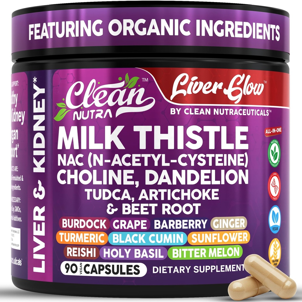 Clean Nutra Organic Milk Thistle Supplement | Liver Cleanse Detox & Repair + NAC Choline Dandelion Root TUDCA Artichoke Beet Root Burdock Holy Basil Kidney & Liver Support 90 Vegan Capsules