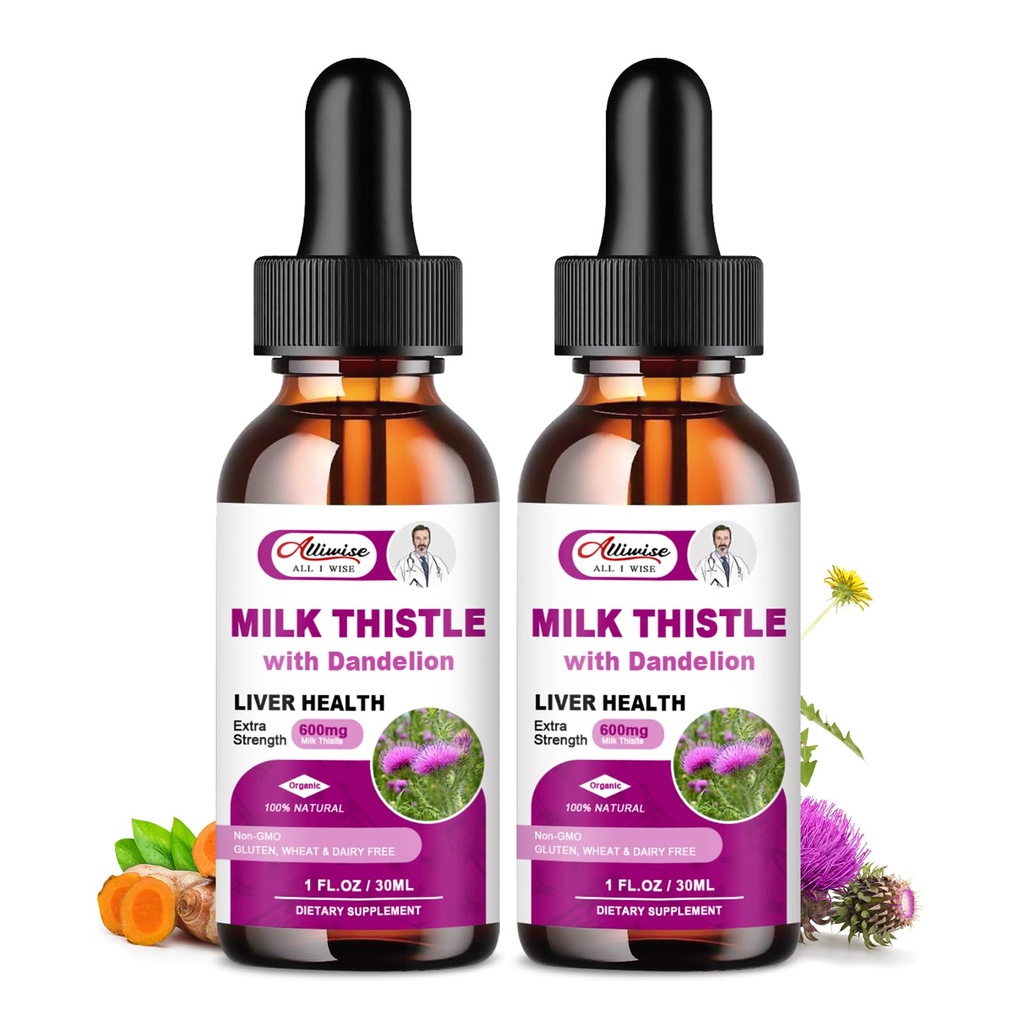 Liquid 2 Pack, 600mg Milk Thistle 80% Silymarin Extract & 250mg Dandelion Root Extract, Liver Cleanse Detox & Repair Faty Liver Formula, Vegan, Μη ΓΤΟ και Όλα-Φυσικά