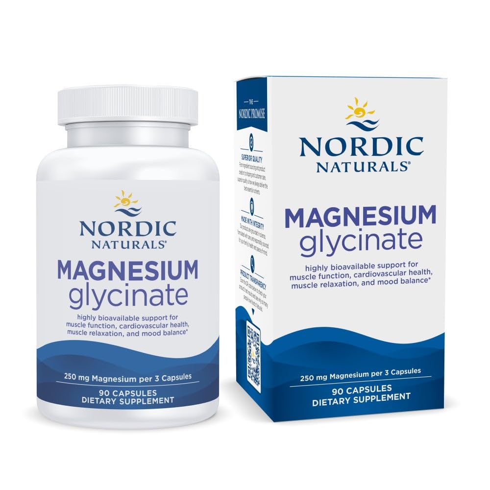 Nordic Naturals Vegetarian Magnesium Glycinate Capsules, Unflavored, 90 Count - 250mg Magnesium per Serving - Highly Bioavailable Support for Muscle & Cardiovascular Function - Non-GMO - 30 Servings