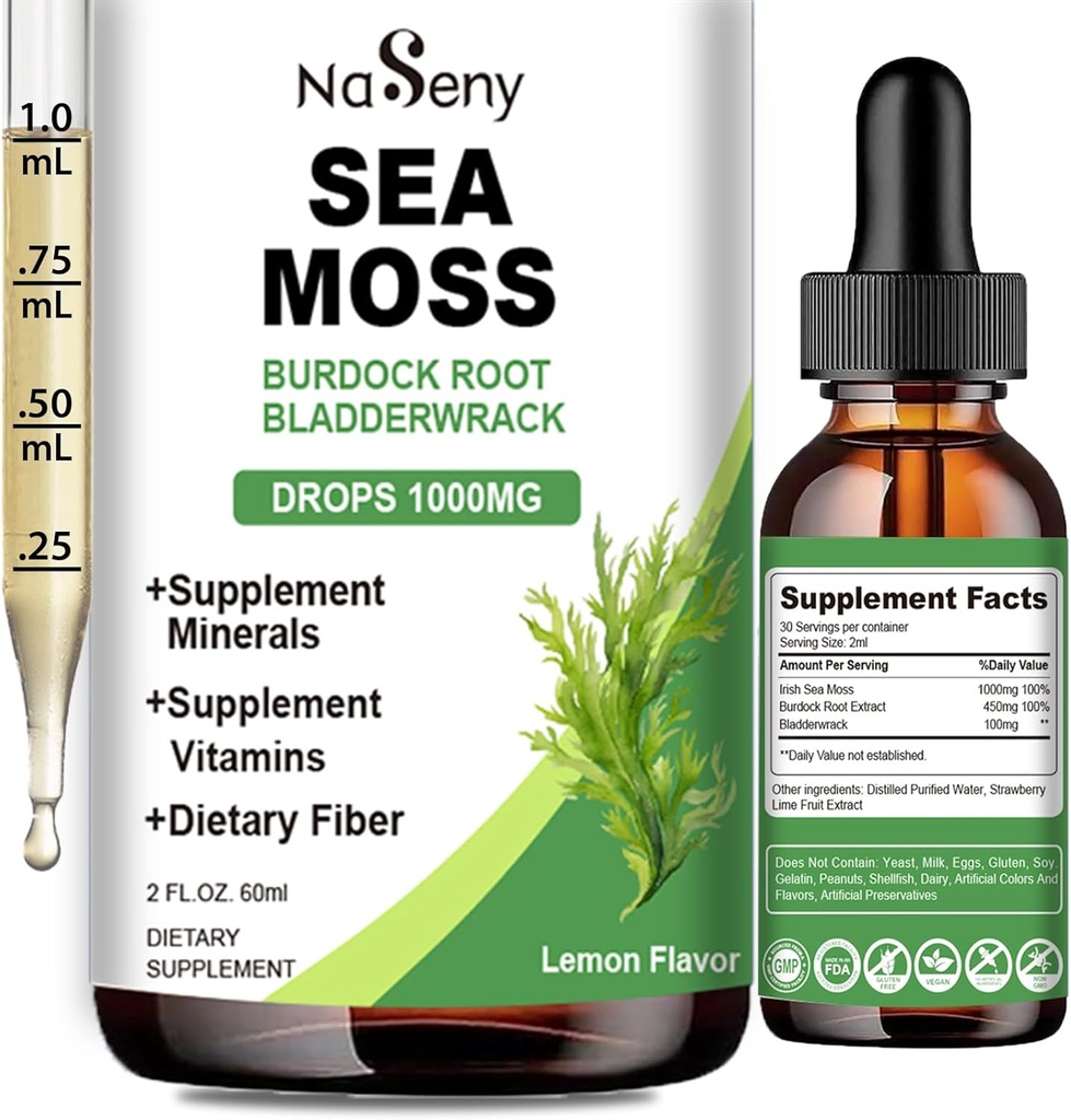 Sea Moss Liquid Drops - Υψηλή Απορρόφηση Ιρλανδική 1000 mg Sea Moss Timcture Supplement Πλούσιο σε Βιταμίνη & Ορυκτό για Ανοσολογική Πέψη & Ενέργεια-Λεμόνι Γεύση