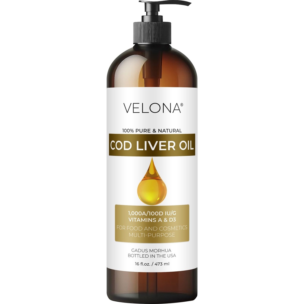 velona Cod Liver Oil - 16 Fl Oz | 1,000A/100D IU/g Omega 3 Vitamins A & D3 | Norwegian Arctic Sustainably Sourced Nordic Oil | Hair, Body and Skin Care | Use Today - Enjoy Results