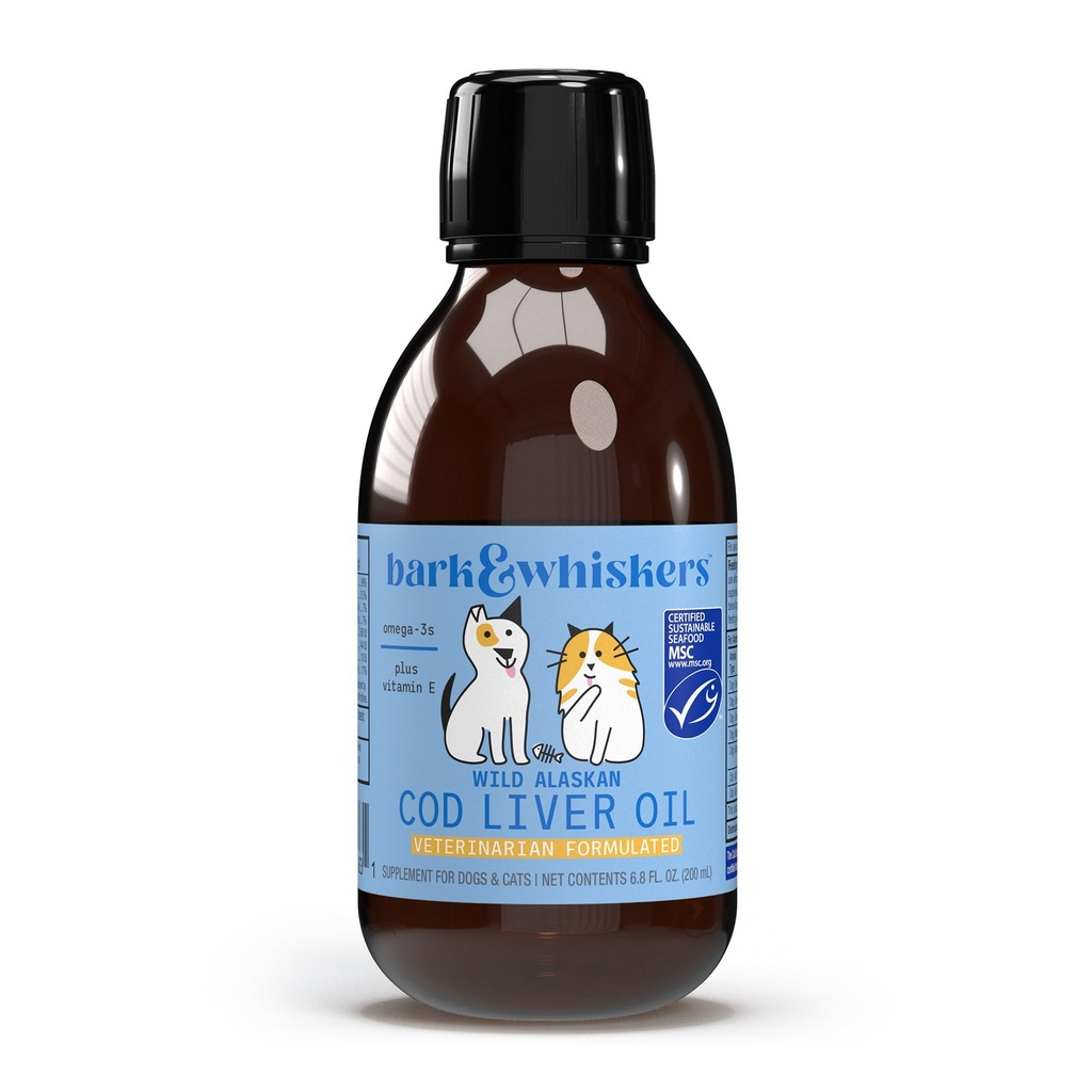 Dr. Mercola Bark & Whiskers Wild Alaskan Cod Liver Oil for Dogs & Cats, Omega-3s, Vitamin E, Skin and Coat, Joint Health, Veterinarian Formulated, Non-GMO - 6.8 Fl. Oz. (200 mL)