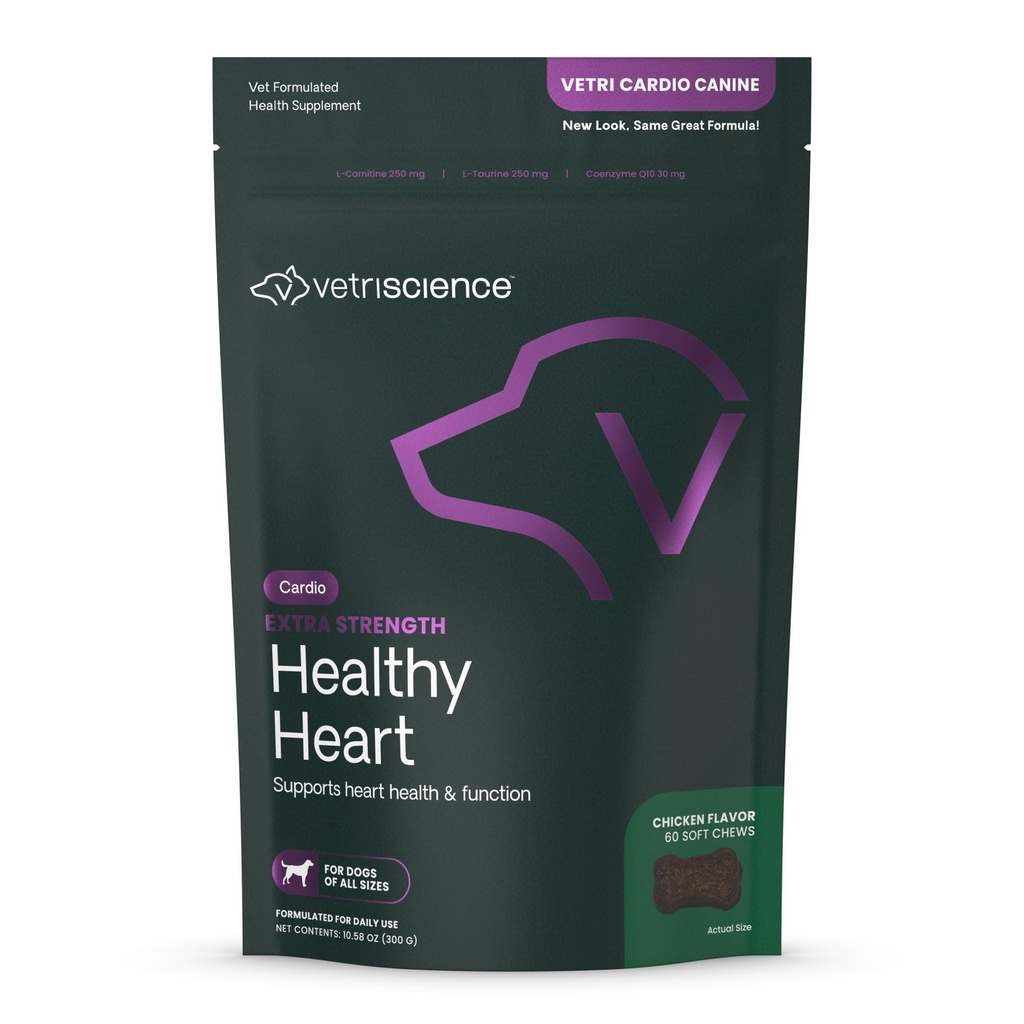 VetriScience Extra Strength Healthy Heart Chews, Vetri Cardio Supplement for Dogs, Cardio Support Supplement with Taurine, Carnitine, CoQ10, and Hawthorn, Chicken, 60 Count